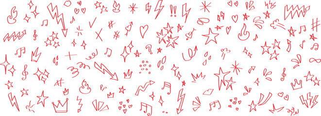 Set of handwriting doodle icons. Abstract red and green scribbles and symbols. A dense, abstract composition of red and green scribbled lines and symbols on a white background. © Mithun