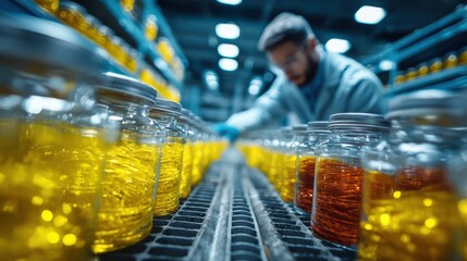 A focused worker inspects glass jars filled with vibrant liquids in a modern industrial setting, showcasing meticulous attention to detail and color.