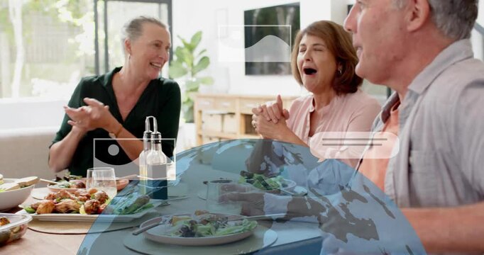 Woman talking sparking clapping at table chatbox appearing camera zooming to man toasting for ads