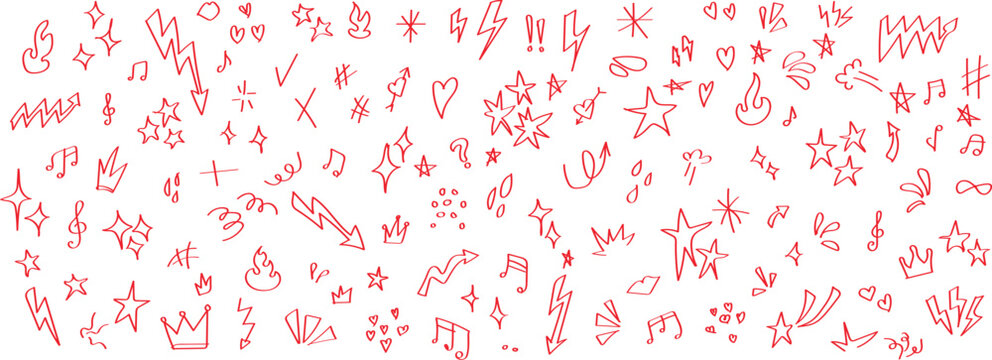 Set of handwriting doodle icons. Abstract red and green scribbles and symbols. A dense, abstract composition of red and green scribbled lines and symbols on a white background.