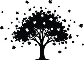 Silhouette of a tree with falling leaves