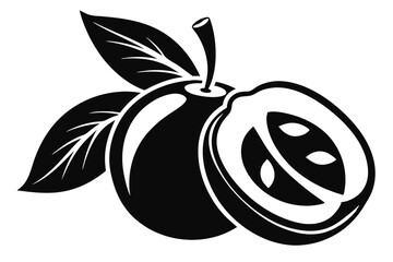 Black and white illustration presents a whole plum next to a halved plum with leaves