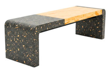 Modern outdoor bench with black terrazzo and wood seat on a transparent background