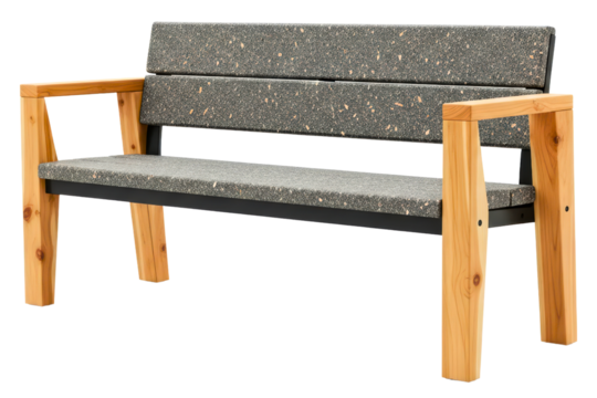 Outdoor park bench featuring wooden legs and grey composite seat on a transparent background