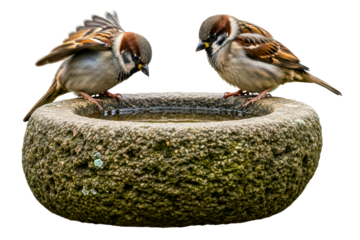 Two sparrows are standing on round mossy stone bird bath on a transparent background
