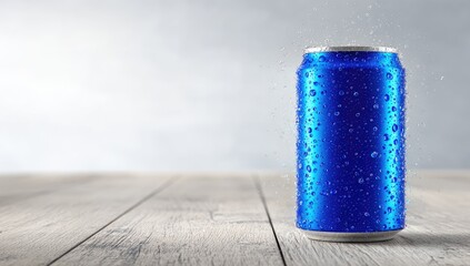 Wet blue can on wood, droplets cling