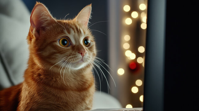 Curious Orange Cat Watching Screen with Festive Lights in Background