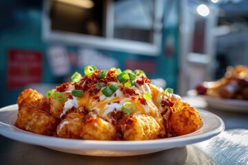 Loaded tater tots with toppings on a plate