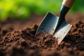 Close-up of a garden trowel digging into rich brown soil , vegetable garden, equipment