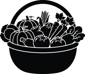 Black and white silhouette of a harvest basket overflowing with vegetables