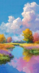 Vivid painted landscape. Calm river, sky, trees
