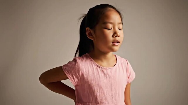 A young Asian girl in a pink shirt experiencing significant lower back pain, eyes closed with a pained expression of discomfort