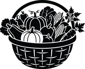 Black and white illustration of a harvest basket filled with vegetables