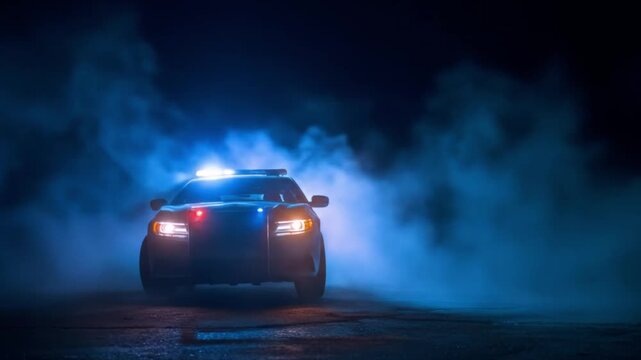 Night scene a dark highway with a police car, red siren, blue smoke enveloping the car. Night glow
