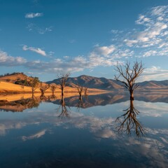 Serene lake reflects dead trees, hills, and cloudy sky