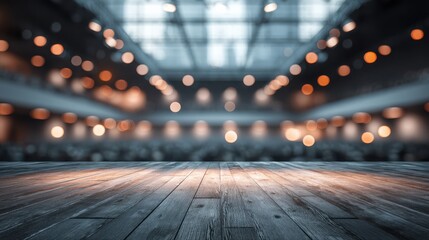 A softly lit wooden floor with blurred lights in the background creates an inviting and atmospheric space.
