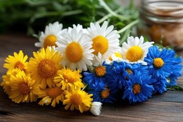 Obraz premium A stunning arrangement of vibrant flowers in various colors set on a wooden surface, capturing the beauty of nature and the essence of a radiant, cheerful environment.