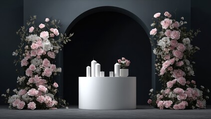 Floral archway with cylinder table & candles