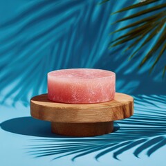 Pink disc on wooden stand; palm shadow on blue background