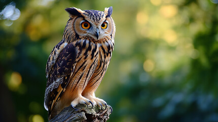 Majestic eurasian eagle owl perched on a branch against a blurred forest backdrop