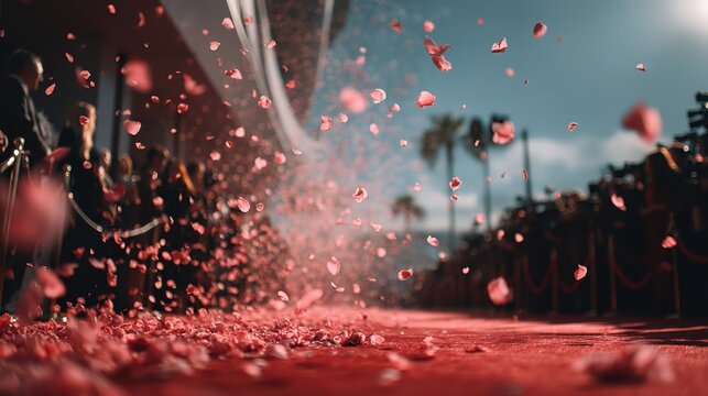 A vibrant scene with scattered rose petals on a red carpet, creating a festive atmosphere, likely at a glamorous event or celebration.
