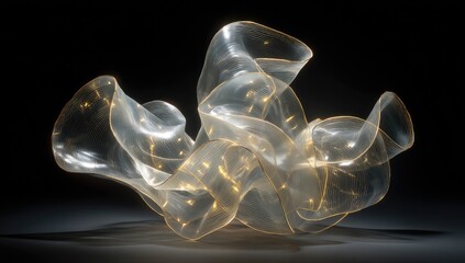 Ethereal shimmering translucent fabric floating in darkness