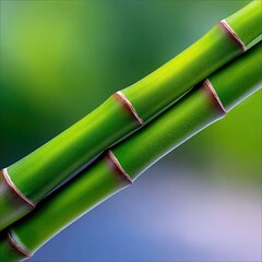 Fototapeta premium Close-up of two vibrant green bamboo stalks crossing each other diagonally against a soft, blurred background of green and blue.