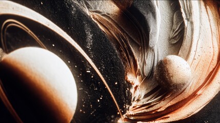 Fototapeta premium An abstract, textured representation of a cosmic scene, featuring planetary bodies and swirling rings against a dark background. The lighting is dramatic, highl