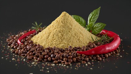 Yellow flour pile with chili, seeds, herbs and spice mixture