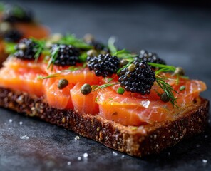 Salmon and caviar on toast, a tasty elegant appetizer