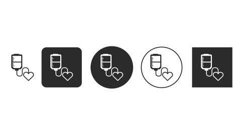 Medical blood donation IV bag connected to heart icon set | Simple vector graphic for hospital blood transfusion concept | Monochromatic design element for healthcare and volunteering