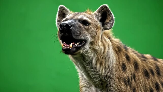 A spotted hyena laughing loudly on green screen, expressive mouth motion perfect for comedic edits, wildlife VFX, and energetic storytelling