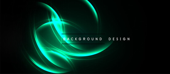 Abstract design features vibrant turquoise lines against dark background. Flowing shapes create dynamic visual effect. Modern, sleek presentation.