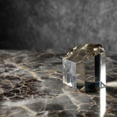 Clear crystal prism on marble. Soft light, dark backdrop