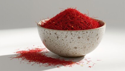 Premium red saffron threads in ceramic bowl on white surface