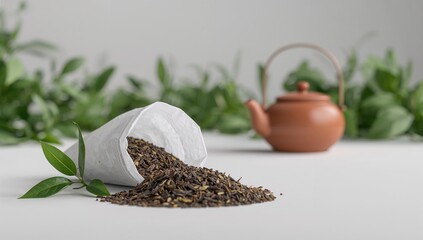 Hojicha roasted tea leaves spill from bag with teapot and sprig
