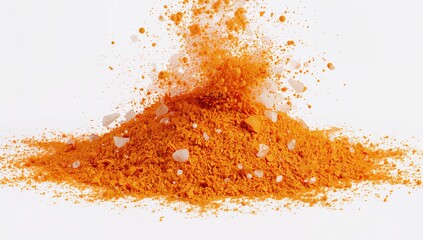 Orange powder and white crystals splashing on a white background