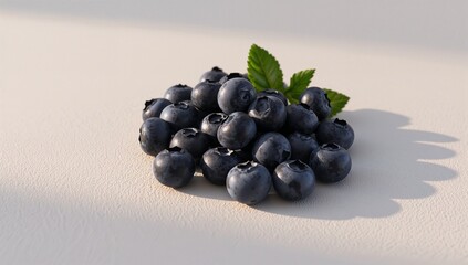 Fresh blueberries with green leaf on white surface, healthy snack