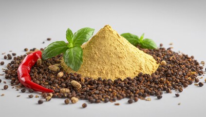 Golden spice powder with red chili pepper and fresh basil leaves
