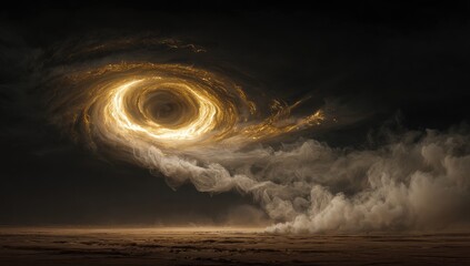 Swirling gold dust storm against dark sky over brown terrain