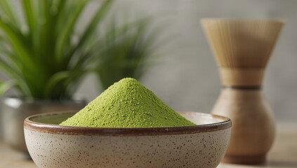 Matcha green tea powder in ceramic bowl with chasen and plant