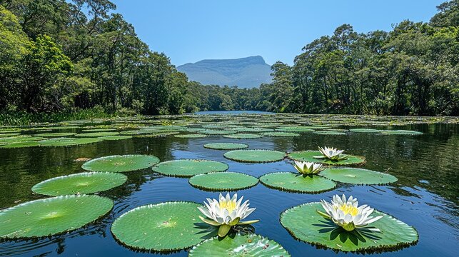 Lush water lilies float on calm lake with distant mountain, bordered by dense forest