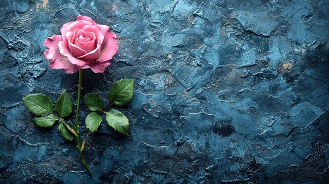 A single pink rose with green leaves, gracefully set against a textured, dark blue background