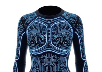 Futuristic tron style glowing blue circuit board long sleeve shirt isolated on white background