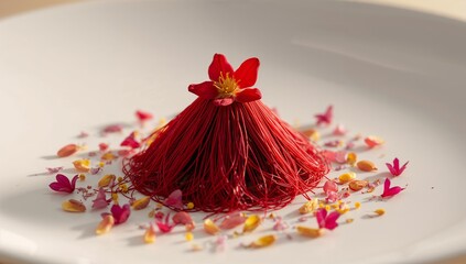 Artistic red dessert threads with fresh flower and petals on plate