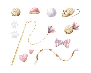 Cat toys bundle with stick, feathers, balls, pompom, mouse, rope and bow. Watercolor illustration set in pastel beige and pink colors. Pet goods clip art for pet shops, game and home playing designs