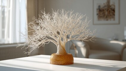 Stylized white bare tree sculpture, modern interior decoration