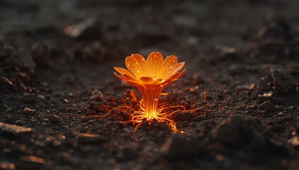 Luminous orange flower growing from dark ground, bright glowing roots.