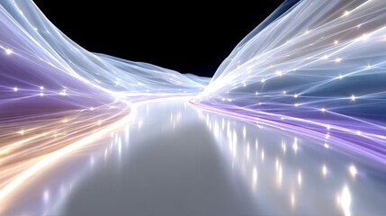 An abstract digital rendering of a futuristic landscape with flowing, glowing light trails in purple and white hues, dotted with bright particles against a dark