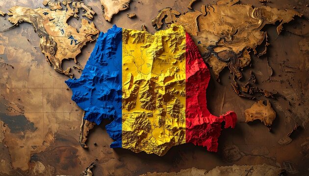 Romania map, textured like its flag, stands out on a vintage world map, showcasing national identity. The image conveys heritage, geography, and striking visuals.